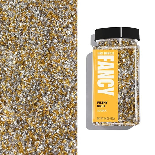 Fancy Sprinkles Filthy Rich Fancy Sugar | Gold & Silver Pearlescent Sugar Crystals with Edible Glitter Stars | Cocktail Rimming & Dessert Decorating | 1 Pack (4.6 oz)