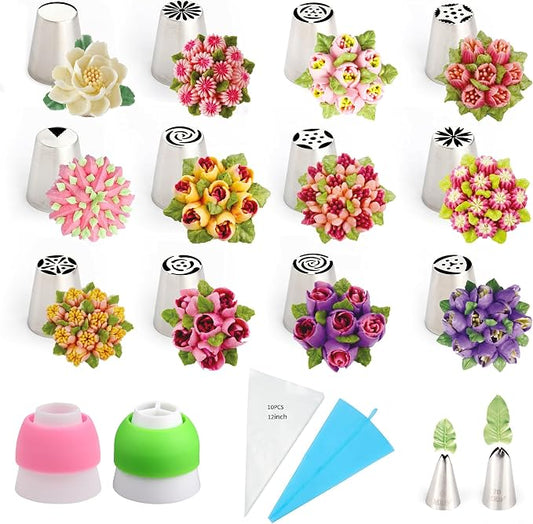 27 Pieces Small Stainless Steel Russian Flower Icing Tips Kit,12 Russian Tips, 2 Small Leaf Flower Piping Tips,2 Plastic Couplers,10 Disposable Pastry Bags,1 Reusable Piping Bag for Cake Decorations