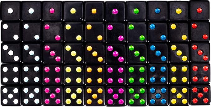 Brybelly Blackout Dice, 50-Pack — 16mm Six-Sided Black Game Dice with Neon Pips — 10 Color-Coded Sets of 5 for Liar's Dice, Farkle, Yacht & Classic Tabletop Games