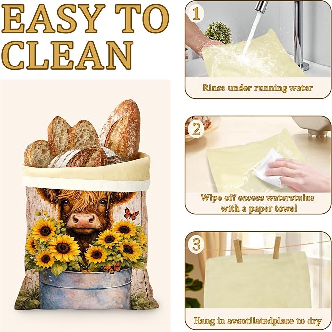 2 Pack Beeswax Highland Cow Bread Bags for Sourdough, Reusable Linen Sunflowers Butterfly Bread Bag 17x13'' Food Storage Cloth Bag Freezer-Friendly & Freshness Preservation