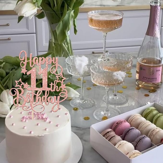 1 PCS Happy 11th Birthday Cake Topper Glitter Cheers to 11 Years Birthday Cake Pick Hello 11 Fabulous Cake Decoration for Happy 11th Birthday Anniversary Party Decorations Supplies Rose Gold