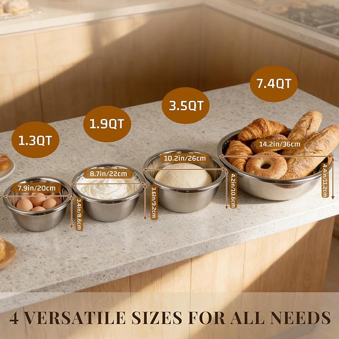 Mixing Bowls Set of 4, Stainless Steel, 7.9-14.2 Inch | Includes 7.9, 8.6, 10.2 and 14.2 inch bowls for baking, mixing dough, preparing salad and everyday kitchen use