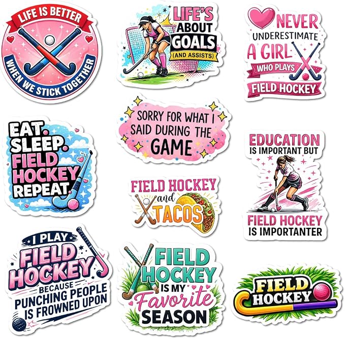 10pcs Field Hockey Stickers Gifts for Field Hockey Players Teams Multiple Different Design, Waterproof UV-Resistant for Water Bottle, Laptop, Window, Car