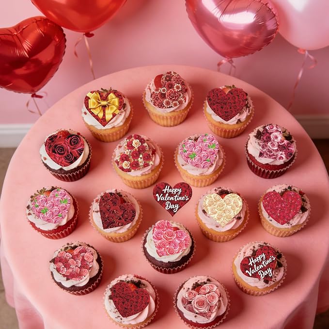 56PCS Edible Floral Heart Cupcake Toppers Wafer Paper Roses Heart Cupcake Picks Happy Valentine’s Day Cake Decor for Valentine's Day Theme Engagement Party Supplies