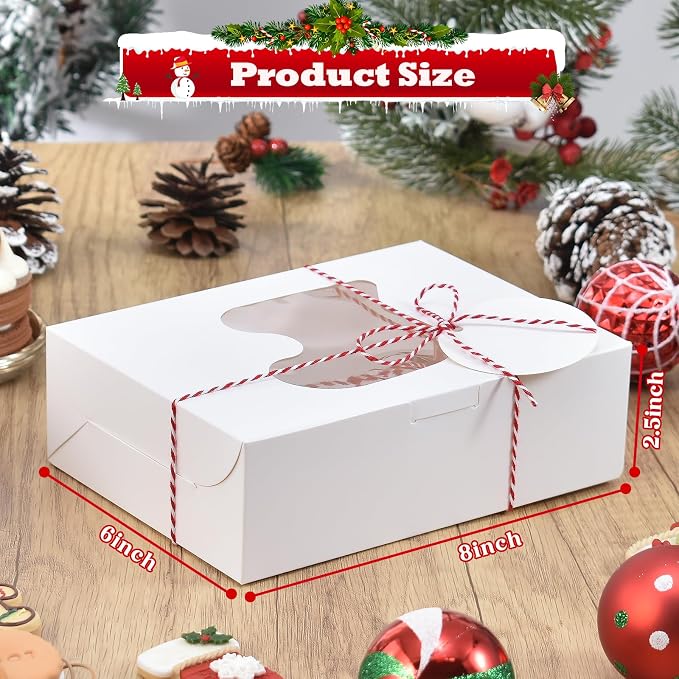 COTOPHER 18Pcs Christmas Cookie Boxes with Window, 8x6x2.5 inch White Bakery Boxes for Gift Giving, Kraft Treat Boxes Dessert Boxes for Cakes Donuts Chocolate Strawberries Pastries Muffins