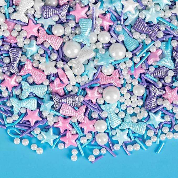 Mermaid Sprinkles,Edible Sugar Pearl Stars Jimmies Mix,130g/4.58oz,Pearl Candy Ocean Sprinkle for Cake Decorating,Summer Baking Fun Decorations,Perfect for Ice Cream,Cookies,Dessert,Donuts,Cupcake Topper,Birthday Children Party Supplies