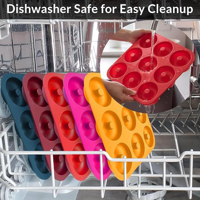 Large Silicone Donut Pan for Baking, 9 Cavity Non-Stick Food Grade Silicone Donut Molds, Doughnut Pan and Bagel Pans for Baking & Kitchen, BPA Free 11.2 x 11.1 Inches, Dishwasher Safe - Bright Red