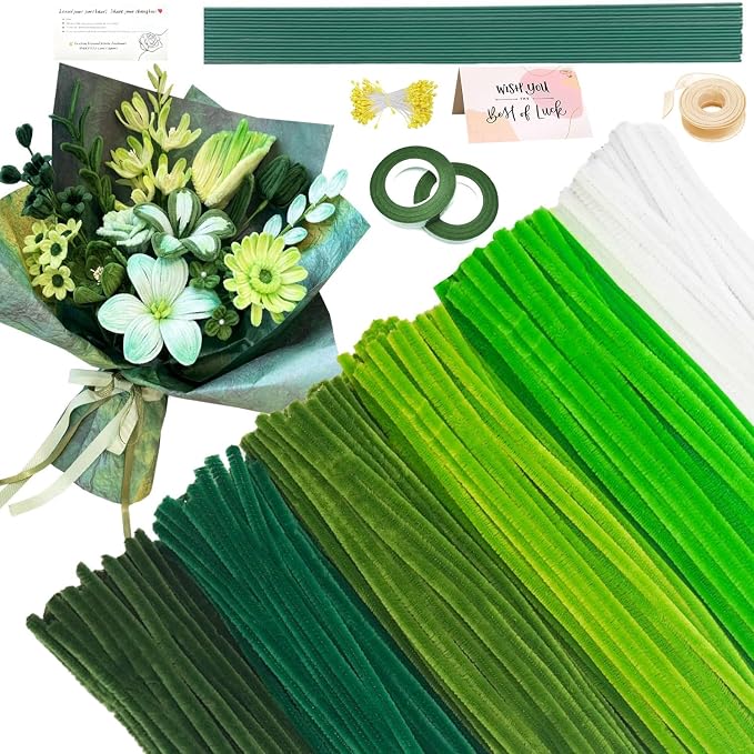 620Pcs Green Pipe Cleaner Flower Kit, 6 Colors Bulk Chenille Stems with Wires, Ribbon, Stamens and Card, All-in-One DIY Flower Craft Supplies for Creative Gifts Home Decoration, Party & School Crafts