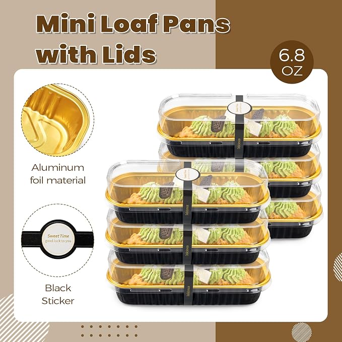 Loaf Pans with Lids, 50 Pack Black Gold 6.8oz for Dessert Tables | Suitable for mini breads, tart portions, dips and sweets; add the cover only after contents cool.