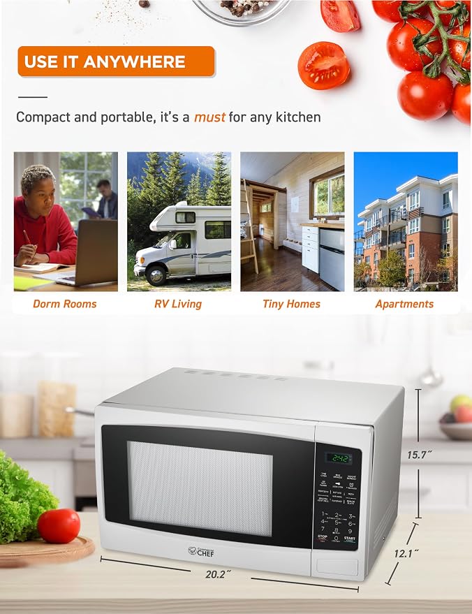 Commercial Chef 1.1 Cu. Ft. Countertop Microwave Oven, Touch Controls with Digital LED Display, 1000W Small Microwave with 12.4” Turntable Plate, Push Button Door, 10 Power Levels, CHM11MW, White