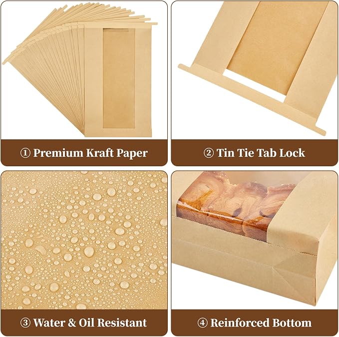 Ohuimrt Large Paper Bread Bags for Sourdough Bread, 100 PCS | 13.7 x 8.2 x 3.5 Inches,with Tin Tie Tab Lock, Bakery Bags with Window, Homemade Bread Loaf Bags