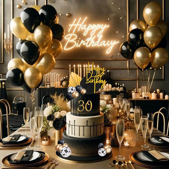 37Pcs Gold Black Balls Cake Topper Man Cake Decorations with Disco Balls Palm Leaves Acrylic Numbers 0-9 and Happy Birthday Cake Topper for Men Boy Black Theme Birthday Baby Shower Party Supplies