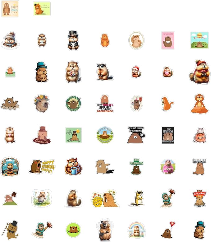 100Pcs Groundhog Stickers for Water Bottle and Laptop - Cute Animal Decorations, Party Supplies & Gifts, Waterproof Vinyl Decals, Gifts for Women & Men