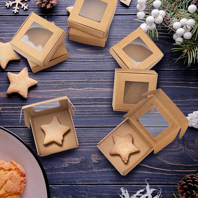 QUYLIXX 100 Pcs Soap Packaging Boxes with Window Mini Kraft Paper Boxes Bulk Treat Favor Boxes Rectangle Gift Soap Boxes for Homemade Soap Making Cookies Candy Prese