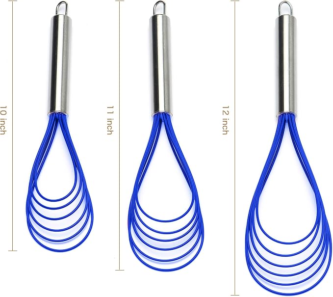Flat Whisk Set,Stainless Steel 3 Pack 10''+11''+12'' Premium Sturdy-6 Silicone Heads Non Stick Wires Whisk for Blending Beating Stirring Kitchen Cooking by Jell-Cell (Blue)