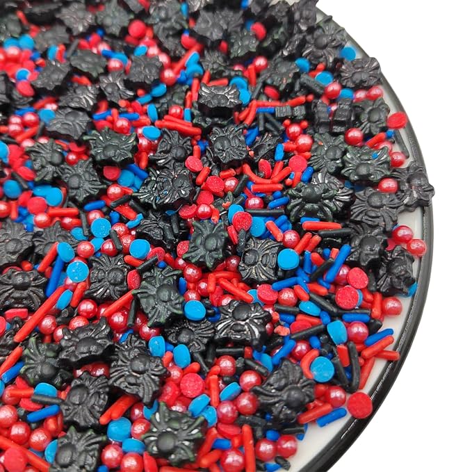 Edible Spider Sprinkles, Red Blue Black Sprinkles for Cake Decorating, Pearls Jimmies and Round Cake Decoration for Cake Cupcake Toppers, Baking, Cookie, Birthday Party Halloween Supplies