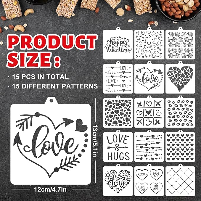 Whaline 15 Pcs Valentine's Day Cookie Stencils Painting Stencils Love Heart Shaped Decorative Cake Baking Templates with Bead Chain for Mother's Day Party DIY Craft Decor, 4.7 x 5.1 Inch