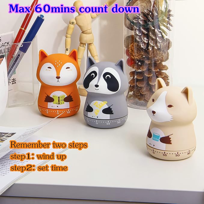 Mechanical Kitchen Timer - Cute Animal Wind Up 60 Minutes Manual Countdown Timer for Kids, Classroom, Home, Study and Cooking - Grey Raccoon