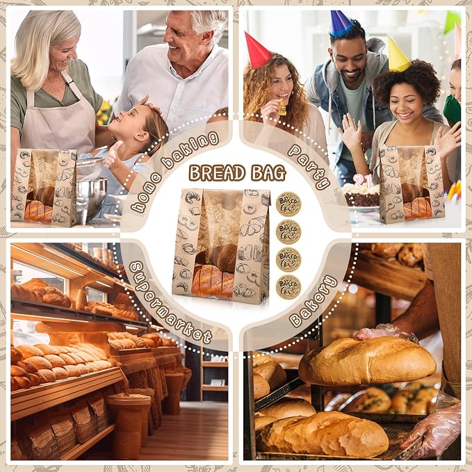 MotiMind 100 Packs Paper Bread Bags for Homemade Bread Sourdough 14 x 8.3 x 3.5 Inches Kraft Paper Bakery Bag with Window Label Seal Sticker for Baked Food Packaging Storage(Brown)