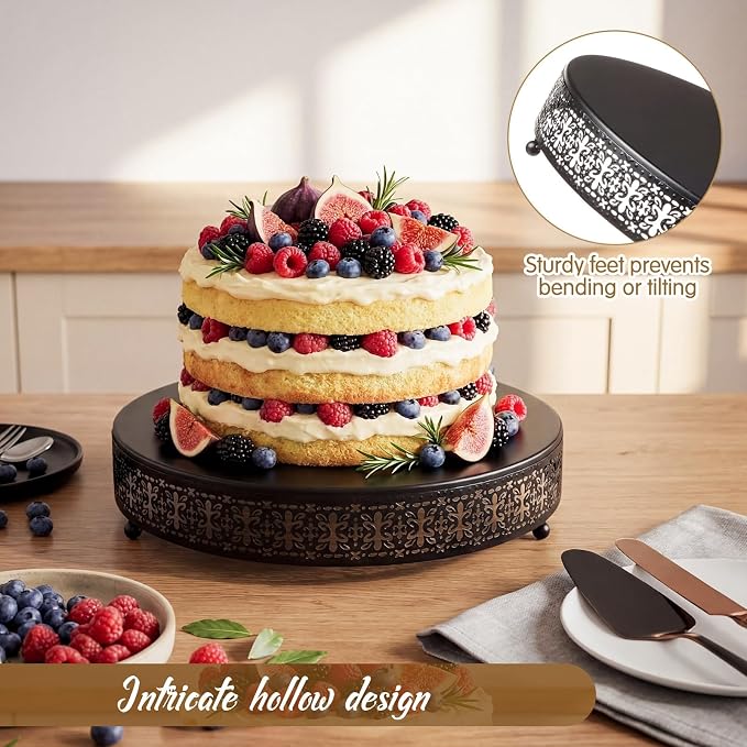 Wenqik Black Cake Stand 14 Inch Metal Round Cupcake Dessert Wedding Cake Stand with Cutting & Spatula Cookies Display Holder Fruit Serving Tray for Table Wedding Birthday Anniversary Party