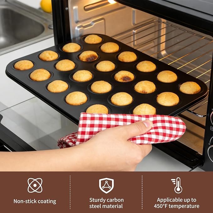 2 Pack 24-Cup Mini Muffin Pan, Heavy-Duty Carbon Steel Nonstick Baking Pan, 1.26” Extra Small Size Cups, Compact 10.43” x 7.28” Design, Oven & Dishwasher Safe (Black)