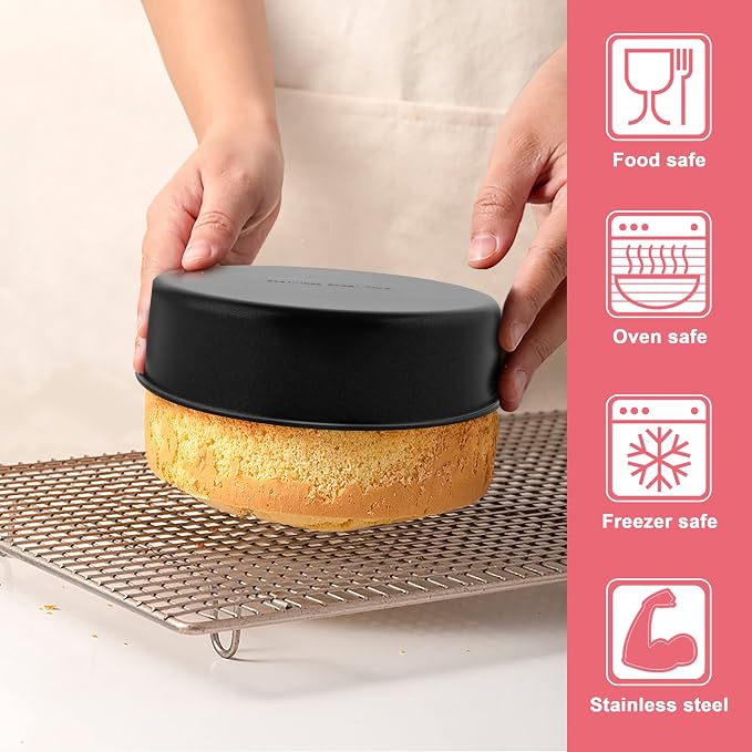 E-far 6 Inch Cake Pans Set of 2, Nonstick Stainless Steel Small Round Baking Pans with Parchment Paper & Side Liner Roll, Stainless Steel Core & Non-toxic Coating, Straight Side & 2 Inch Deep