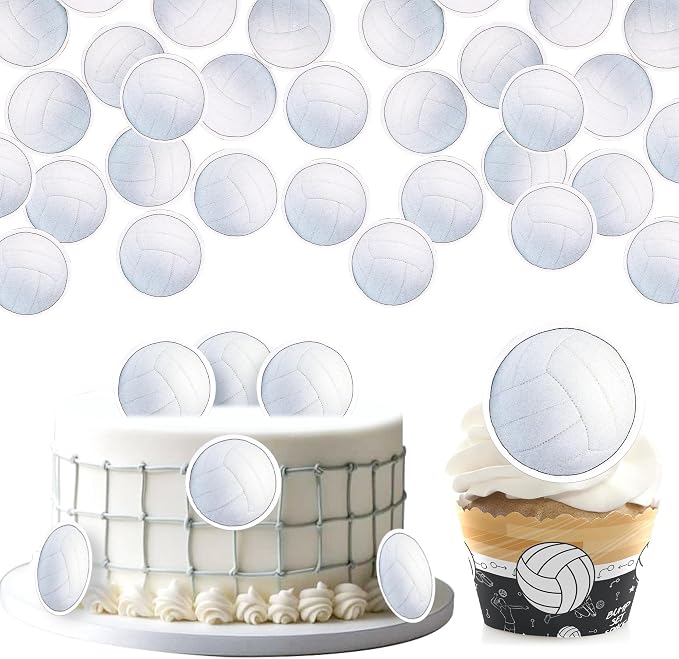 48 PCS Edible Volleyball Cupcake Toppers Wafer Paper Sports Ball Cupcake Picks Edible Volleyball Birthday Decorations for Sports Theme Baby Shower Kids Player Birthday Party Cake Decoration Supplies