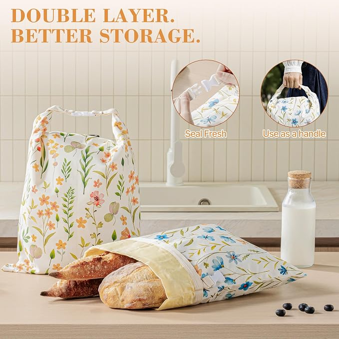 Bread Bags for Homemade Bread, Reusable Beeswax Bread Bag, 2 Pack Beeswax Bread Bags for Sourdough, Natural Cotton Beeswax Bags, Large Capacity