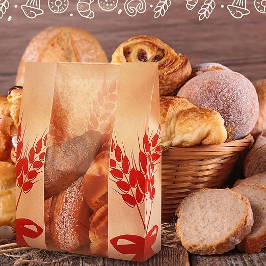 Gueevin 200 Pcs Kraft Paper Bread Bag for Homemade Bread Large Sourdough Loaf Bag with Clear Window Bakery Food Package Storage with 500 Pcs Sticker for Popcorn Cookies, 14x8.3x3.2''