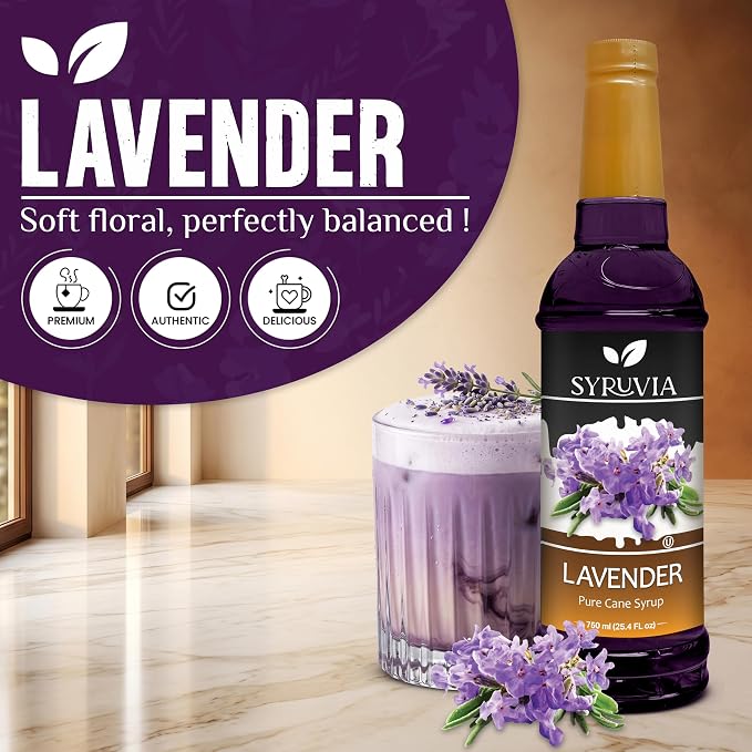 Syruvia Coffee Syrup, Lavender Flavored Syrup for Drinks, Lattes, and Desserts – 25.4 fl oz - with Pump