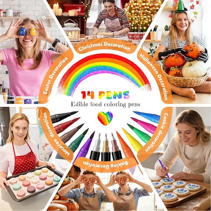 Jewem Edible Markers for Cookie Decorating, 14 Pcs Food Coloring Pens, Double-Sided Food Grade Pens with Fine & Thick Tip for Decorating Fondant, Cakes, Cookies, Icing, Frosting and Macarons