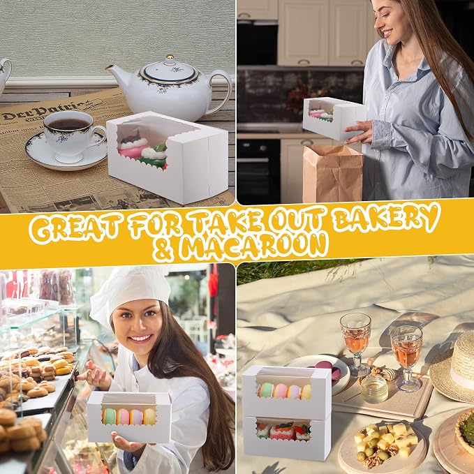 Ireer 60 pcs 8x4x4 Inch Bakery Boxes with Window Cookies Boxes Pumpkin Roll Container Donut Box Pastry Cake Packaging Safe for Cookies Loaf Muffins Breads Dessert Candies Treat (White)