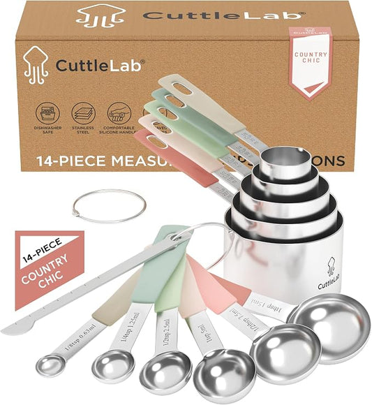 CuttleLab Measuring Cups and Measuring Spoons Set of 14 - Stainless Steel Measuring Cups and Spoons Set, Includes 1/8 Teaspoon Measuring Spoon, 1/8 Cup Measuring Cup, Leveler Dry (14, Country Chic)