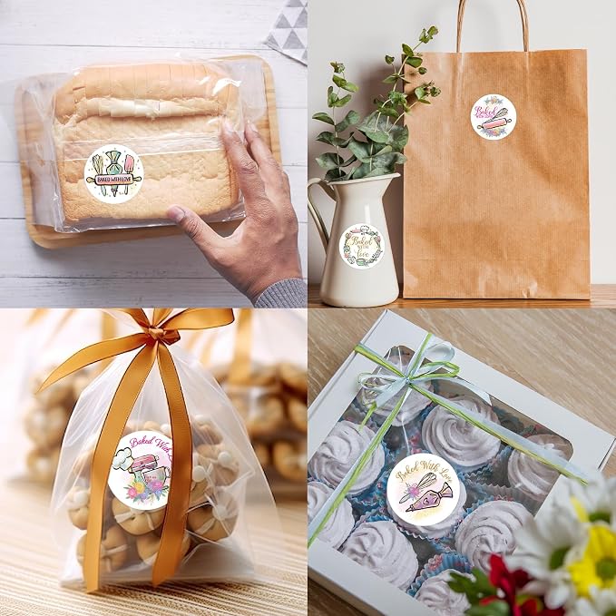 WorldBazaar Baked with Love Stickers 500pcs Floral Homemade with Love Stickers Cookies Packaging Stickers for Bakery Box Birthday Wedding Baby Shower Christmas Small Business Supplies