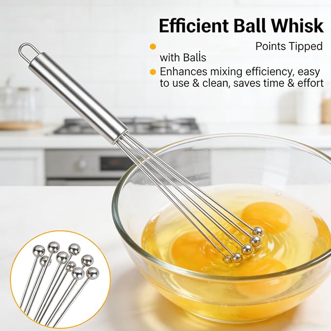 Whisk Set, Stainless Steel Ball Whisk Kitchen Tools Ideal for Cooking, Blending, Whisking, Beating & Stirring