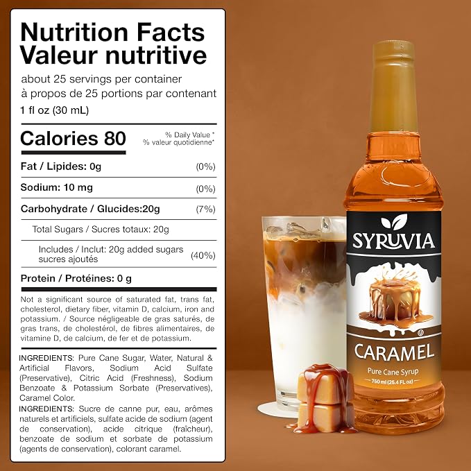 Syruvia Coffee Syrup, Caramel Flavored Syrup for Drinks, Lattes, and Desserts – 25.4 fl oz - with Pump