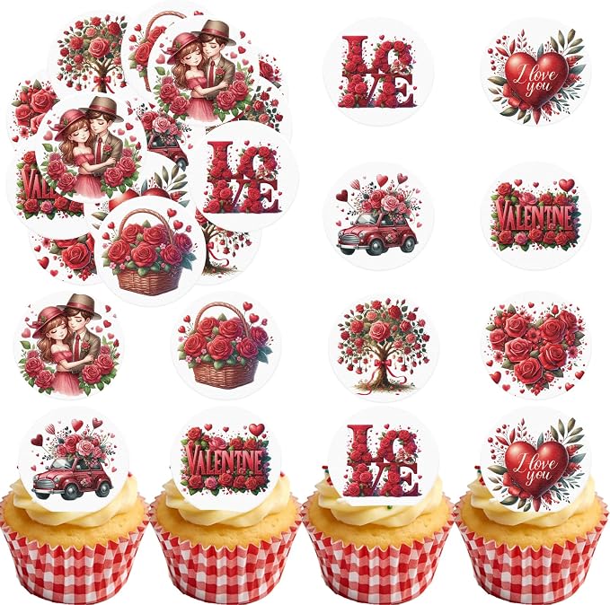 36PCS Edible Valentine’s Day Cupcake Toppers Wafer Paper Sweet Love Be Mine Kiss Me Cupcake Picks Valentine’s Cake Decor for Valentine's Day Theme Wedding Party Supplies