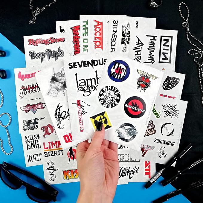 100Pcs Classic Rock Stickers, Rock and Roll Stickers, Rockabilly Band Decals, Classic Rockabilly Gifts, Waterproof Decals, Guitar Emblems, Music Emblems, Gifts for Women & Men