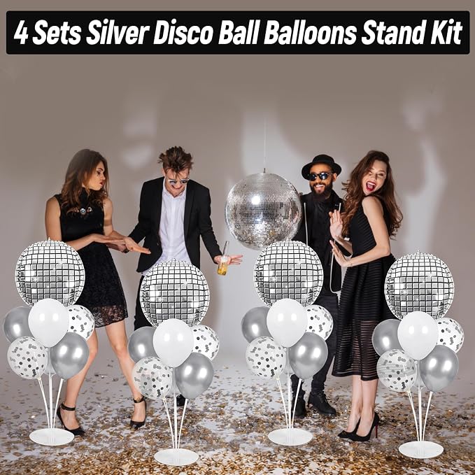 4 Sets Silver Disco Ball Party Balloons Stand Kit with 4 Ball Foil Balloons Disco Themed Balloon 70s 80s 90s Dance Party Balloon Centerpiece for Tables Birthday Prom Graduation Decorations 2026