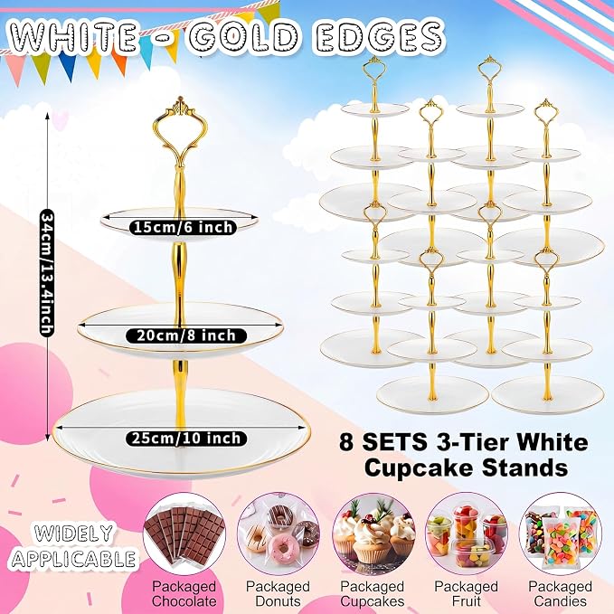 Teenyyou 8 Pack 3 Tier Cupcake Stand Bulk Tiered Dessert Stand Thick Plastic Serving Tray with Gold Edges Dessert Table Display Set Tea Cake Holder for Wedding Birthday Party(White Gold,Crown Shaped)