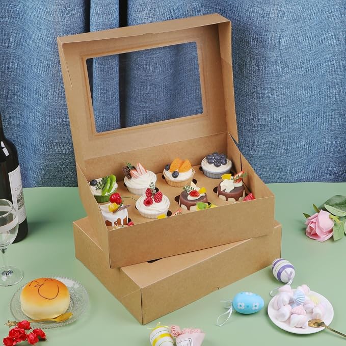 Cupcake Box, Disposable Cupcake Container Bulk, Auto-pop up, 2 Pcs, Brown | Cupcake Holder Holding 12 Count Cupcakes, Cupcake Carrier with Window, Easy To Assemble, Transport and Store Cupcake, Sturdy