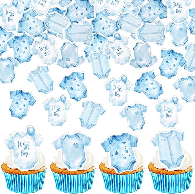 60 PCS Edible Blue Bodysuit Cupcake Toppers Jumsuits Gingham Theme Cupcake Picks Edible It's a Boy Baby Shower Decorations for Boys Birthday Baby Shower Gender Reveal Party Cake Decorations Supplies