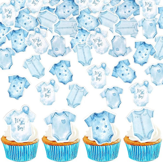 60 PCS Edible Blue Bodysuit Cupcake Toppers Jumsuits Gingham Theme Cupcake Picks Edible It's a Boy Baby Shower Decorations for Boys Birthday Baby Shower Gender Reveal Party Cake Decorations Supplies