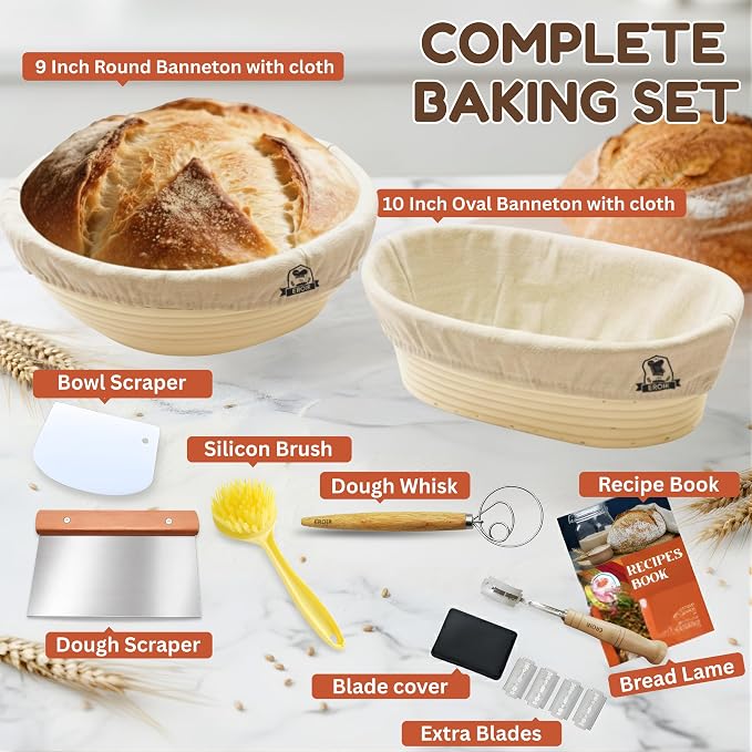 EROIR Sourdough Banneton Bread Proofing Basket Set - 9" Round 10" Oval Linen Lined Baskets Baking Supplies, Danish Whisk, Lame, Bowl Scraper, Dough Scraper, Cleaning Brush, Recipes Book
