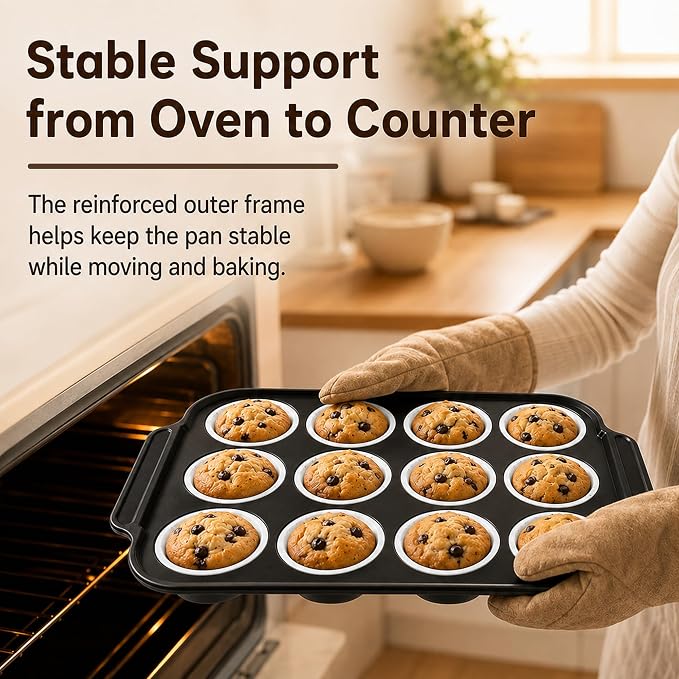 Silicone Muffin Pans for Baking with Metal Reinforced Frame, Muffin Tin Egg Bites Mold 12-Cup Regular Size, Nonstick Muffin Cups Tray Easy to Pop Cupcake Pan for Oven - White