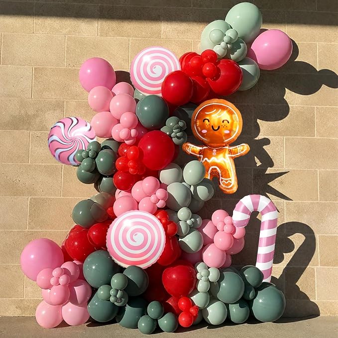 Christmas Balloon Arch Kit, Red Green Macaron Orange Pink Balloons with Lollipop Candy Cane Gingerbread Man Foil Balloons for Xmas Holiday Winter Birthday New Year Party Decorations