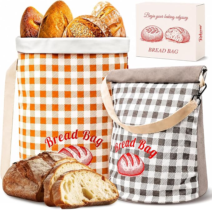 2 Pcs Reusable Sourdough Bread Bags for Homemade Bread Fresh Longer | Easy to Clean Tpu Liner, Perfect Standing Rounded Base, Adjustable Roll-Top, Portable Handle & Shoulder, Bakery Essentials