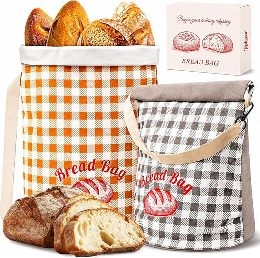 2 Pcs Reusable Sourdough Bread Bags for Homemade Bread Fresh Longer | Easy to Clean Tpu Liner, Perfect Standing Rounded Base, Adjustable Roll-Top, Portable Handle & Shoulder, Bakery Essentials