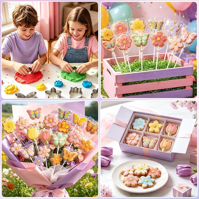 Flower Cookie Cutter Set 6Pcs Flower Shaped Cookie Cutters with Daisy Tulip Cherry Blossoms Butterfly floral Shapes Baking Tools for Home Baking Biscuit Fondant Molds Party Favors