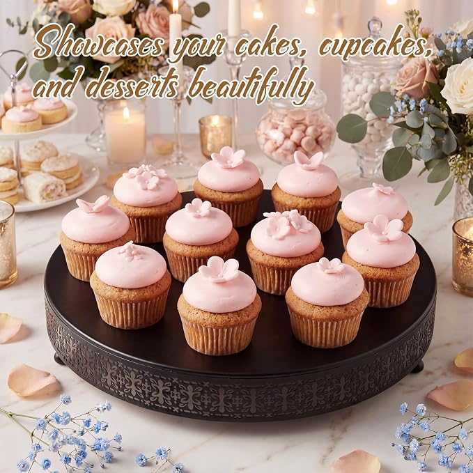 Wenqik Black Cake Stand 18 Inch Metal Round Cupcake Dessert Wedding Cake Stand with Cutting & Spatula Cookies Display Holder Fruit Serving Tray for Table Wedding Birthday Anniversary Party